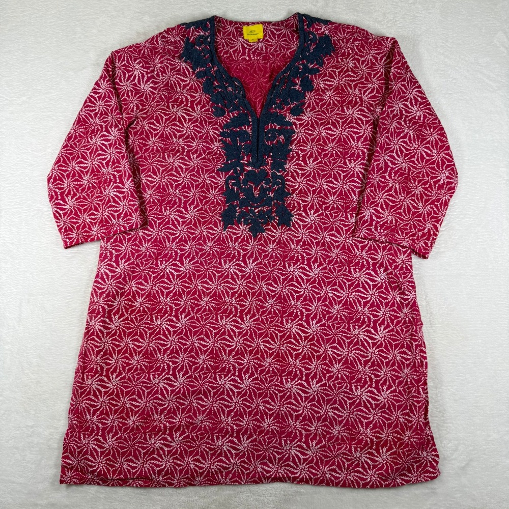 Roller Rabbit Pink White Geometric Cotton Tunic Kurta Navy Embroidery Medium